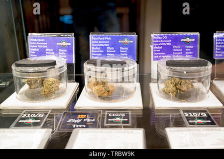 Cannabis on Sale, Sativa, Indica, various Strains of Dried Marijuana at a Dispensary in Alderville, Ontario, Canada Stock Photo