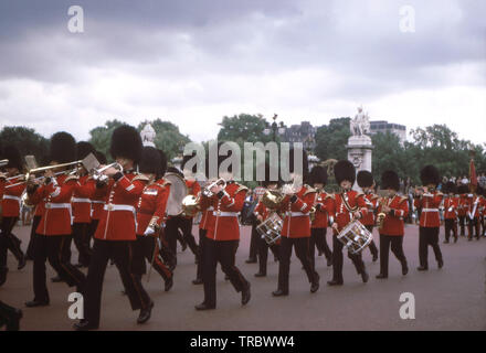LONDON, ENGLAND - Circa 1967: A view of the Queen's Guard near Buckingham Palace Stock Photo