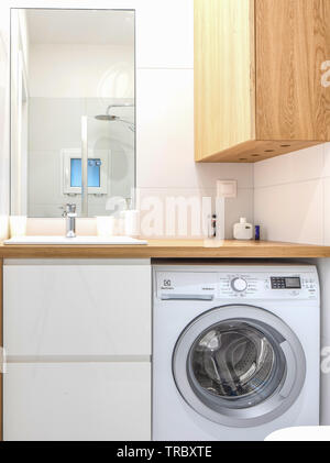Modern bathroom equipment, details. Wise elegant solutions. White key. Stock Photo