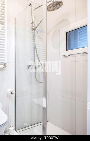 Modern bathroom equipment, details. Wise elegant solutions. White key. Stock Photo