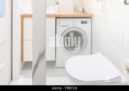 Modern bathroom equipment, details. Wise elegant solutions. White key. Stock Photo