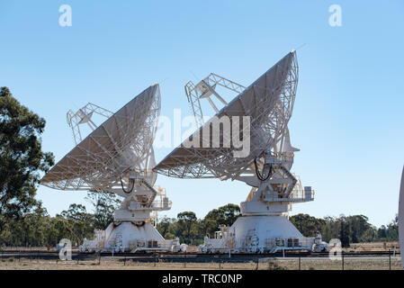 One of the six, rail track mounted telescopes at the Australian Telescope Compact Array, Paul Wild Observatory near Narrabri in NSW, Australia Stock Photo