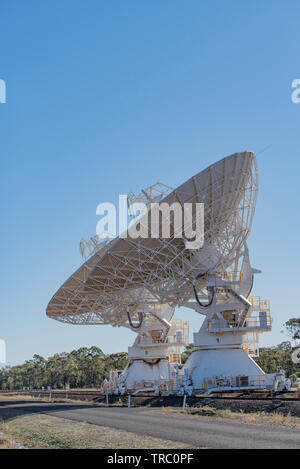 One of the six, rail track mounted telescopes at the Australian Telescope Compact Array, Paul Wild Observatory near Narrabri in NSW, Australia Stock Photo