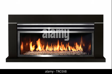 Longest dark wood fireplace isolated on white background. Stock Photo