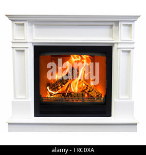 Burning white fireplace isolated on white background. Stock Photo