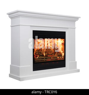 Burning white fireplace isolated on white background. Stock Photo