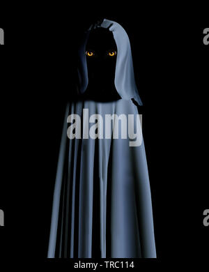 Spooky monster in hooded cloak with glowing yellow eyes. On black background. 3d render