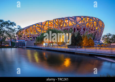 Beijing, China - May 6, 2019: Night view of Beijing National Stadium, also known as the Bird's Nest, designed for use throughout the 2008 Summer Olymp Stock Photo