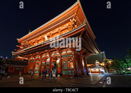 TOKYO, JAPAN, May 11, 2019 : Senso-ji Temple by night. The Greater Tokyo Area ranked as the most populous metropolitan area in the world. Stock Photo