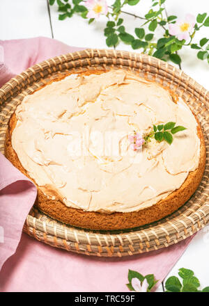 Homemade delicious rhubarb cake with meringue on top. Selective focus. Home baking concept. Stock Photo