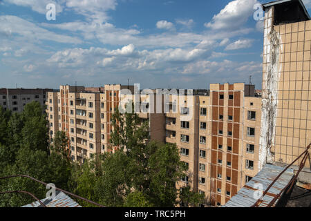 View from roof top of the abandoned city of Pripyat near the former Chernobyl nuclear power plant, Chernobyl Exclusion Zone, , Ukraine Stock Photo