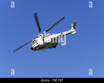 Seville, Spain; May 31st, 2019: AS332 Super Puma helicopter from 48 wing of spanish air force in military exhibition on the occasion of the day of the Stock Photo