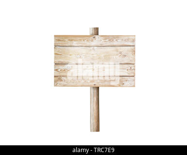 Wooden rectangular planks signboard on the pole isolated on white Stock Photo