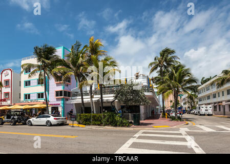 Miami, FL, USA - April 19, 2019: The Wet Willie's Bar and Restaurant at the historical Art Deco District of Miami with hotels, cafe and restaurants on