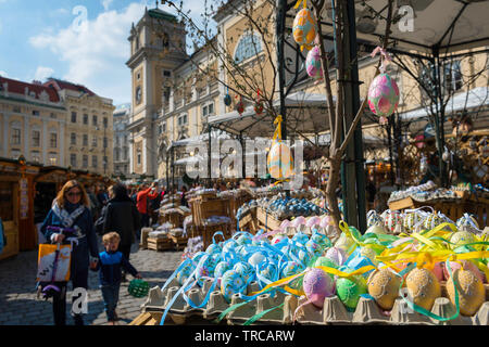 Vienna Easter Market, view of stalls selling easter eggs in the Easter Market sited in Am Hof in the centre of the city of Vienna, Wien, Austria. Stock Photo