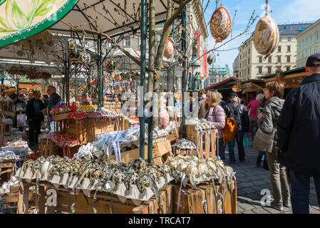 Vienna Easter Market, view of stalls selling easter eggs in the Easter Market sited in Am Hof in the centre of the city of Vienna, Wien, Austria. Stock Photo