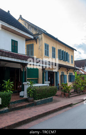 A Street Scene With French Colonial Built Shop Houses In Central Luang Prabang A Town World Heritage Listed For Its Unique Architecture Lao Pdr Trccm7 