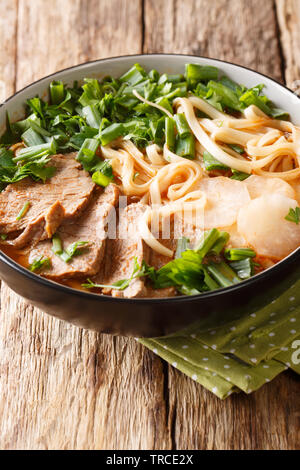 Lanzhou beef noodles recipe the beef broth served with melt-in-your-mouth beef slices, tender radish, chili oil and noodles closeup in a bowl on the t Stock Photo