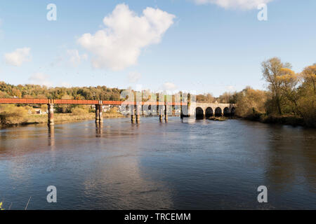 Image of an old railway bridge over Blackwater River in the town of Cappoquin in County Waterford,Ireland. Stock Photo