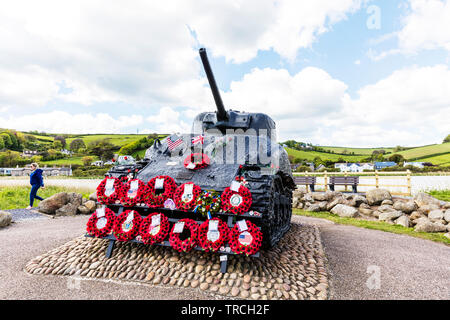 Exercise Tiger Memorial Torcross Devon UK, Exercise Tiger Memorial tank, Exercise Tiger tank, Slapton Sands Sherman Tank Memorial Site, Sherman tank Stock Photo