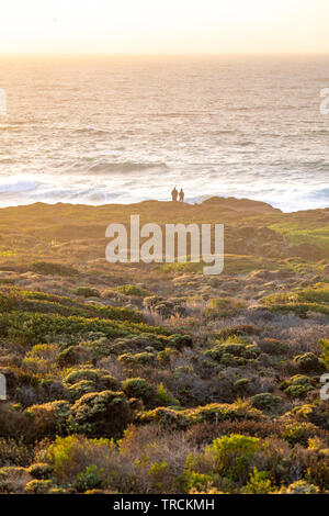 Happy couple enjoying the sunset with an amazing Pacific Ocean view of Big Sur, California coastline from a cliff. Stock Photo