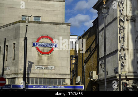 London, United Kingdom, June 2018. The leicester square metro station seen from the outside, side of Charing Cross rd. Stock Photo