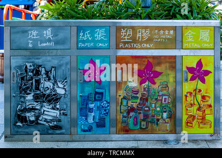 Waste Disposal Bins, Aberdeen, Hong Kong, China Stock Photo