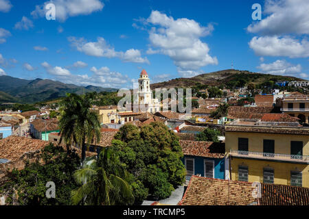 Colorful skyline with mountains and colonial houses. The village is a Unesco World Heritage and major tourist landmark on the Caribbean Island, Trinid Stock Photo