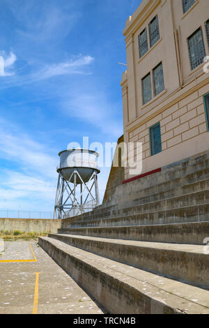 Graffiti on water tower & rec yard, Alcatraz, San Francisco, California Stock Photo