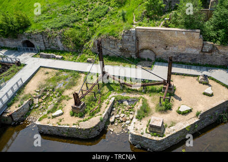 Overhead, aerial view of Mill Ruins Park in downtown Minneapolis Minnesota. Ruins of the flour milling industry in the city Stock Photo