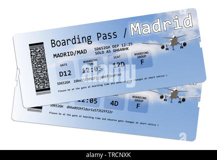 Airline boarding pass tickets to Madrid isolated on white.  The contents of the image are totally invented Stock Photo