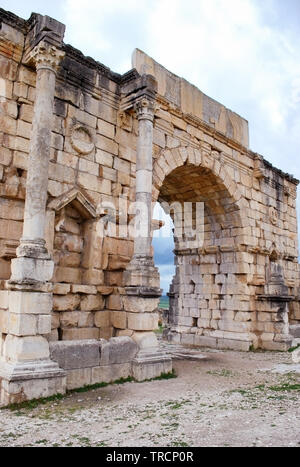 The Arch of Caracalla, built in 217 by the city's governor Marcus Aurelius Volubilis Archaeological Site,  Morocco Stock Photo