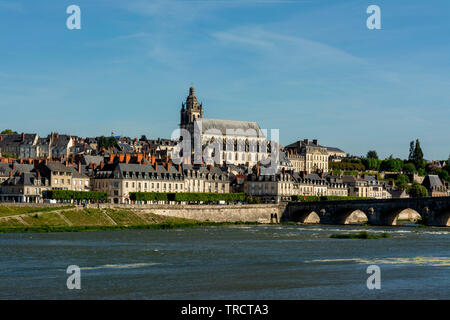 Town of Blois and Cathedral Saint-Louis on the Loire River, Blois city, Loire-et-Cher department, Centre-Val de Loire, France, Europe Stock Photo