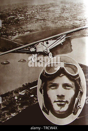 A printed photographic portrait of Charles Lindbergh  Charles Augustus Lindbergh (1902 – 1974), in his pilot helmet and goggles together with a picture of his plane, 'Spirit of St Louis'. with which he won the Orteig Prize for flying nonstop  from Roosevelt Field, Long Island, New York, to Paris, France on its arrival in Paris on Saturday, May 21 Stock Photo