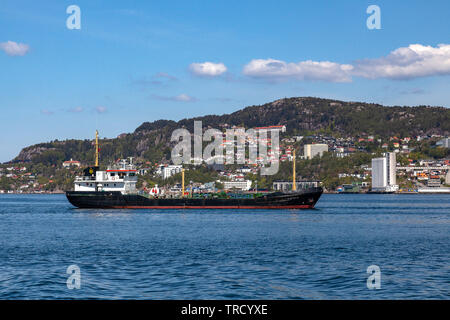 Fuel oil bunkering tanker Haltbakk Bergen at Byfjorden, arriving the port of Bergen, Norway. Stock Photo