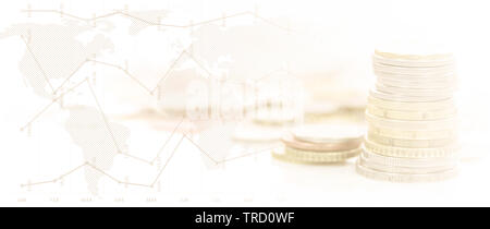 Wide digital screen with real time stock market index and money coins (mixed) Stock Photo