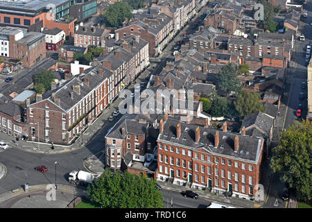 Aerial birds eye street scene view of row 1700s Georgian terraced houses looking down on slate rooftops in Rodney Street City of Liverpool England UK Stock Photo