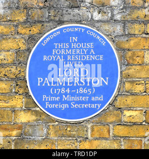 London County Council famous people blue brick wall plaque lived at this house historical fame of  Prime Minister Lord Palmerston London England UK Stock Photo