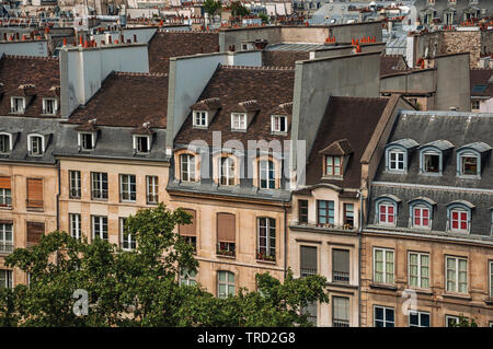 Facade of typical semidetached buildings seen from the Center Georges Pompidou in Paris. One of the most impressive world’s cultural center in France. Stock Photo