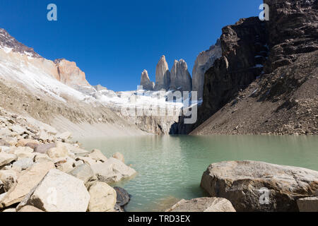 Classic view of the granite towers in Torres del Paine, Patagonia, Chile Stock Photo