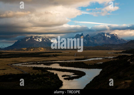 View of Rio Serrano and Torres del Paine at sunrise Stock Photo
