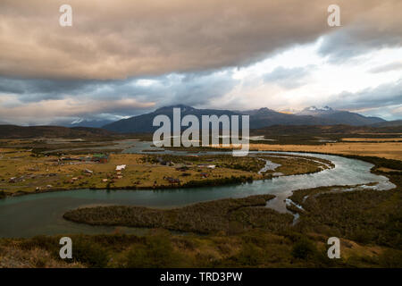 View of Rio Serrano and Torres del Paine at sunrise Stock Photo