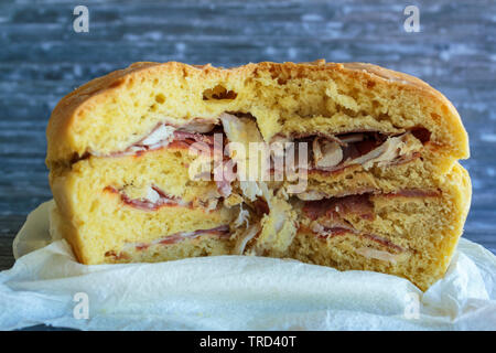 Traditional Portuguese bread filled with different types of meats called Bola de Carne Stock Photo