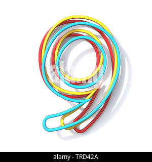 Three basic color wire font number 9 NINE 3D rendering illustration isolated on white background Stock Photo