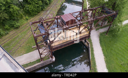 Aerial Photograph  View Looking Down Rusted Historic Rusty Rustic Rusty Iconic Steel Railroad Trestle Bridge Chesapeake & Ohio Canal in Maryland, USA Stock Photo