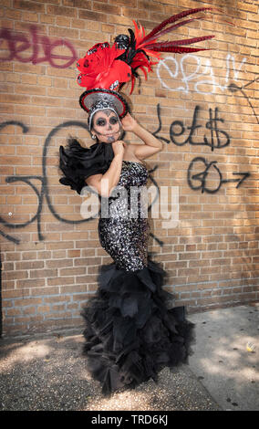 Posed portrait of a trans marcher in costume at the 2019 Queens Pride Parade in Jackson Heights, NYC. Stock Photo