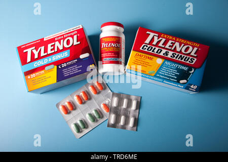 Halifax, Canada- May 31, 2019: Boxes and containers of pain and cold medicine Stock Photo