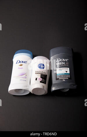 Halifax, Canada- May 31, 2019: Various deodorants including Dove and Nivea for women and men Stock Photo