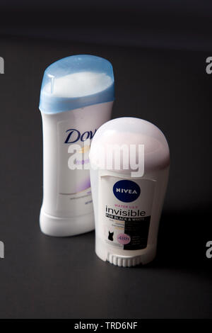 Halifax, Canada- May 31, 2019: Types of deodorant for women, including Dove and Nivea brands Stock Photo