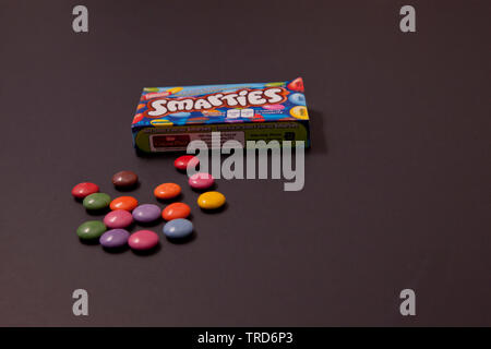 Halifax, Canada- May 31, 2019: Horizontal photo of package of Nestle company Smarties chocolate Stock Photo